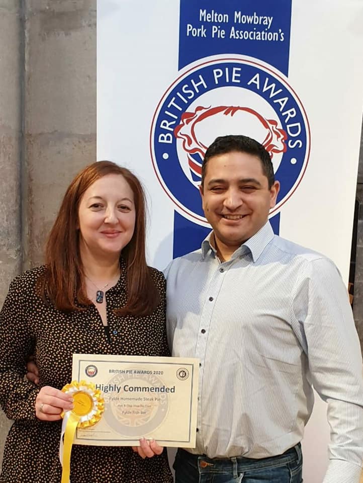 Fylde Fish Bar has been given a ‘Highly Commended Award’ for their Fylde Homemade Steak Pie by The British Pie Awards 2020. Celebrating the honour are owners Jodie and Banico Zeniou.