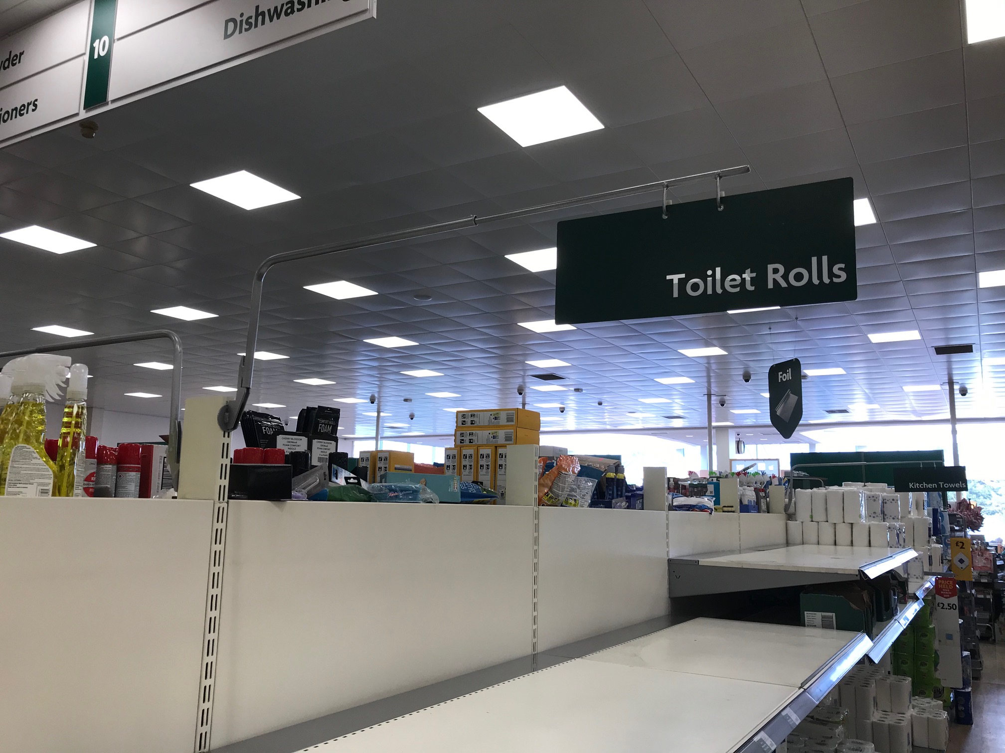 The empty toilet roll aisle at Morrisons supermarket in Southport on Saturday, March 14, 2020. Photo by Andrew Brown Media