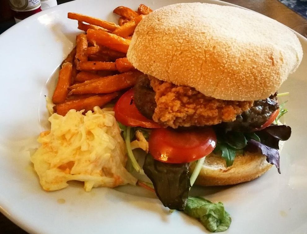 Beef burger, buttermilk chicken fillet, sweet potato fries and coleslaw at The Imperial pub in Southport. Photo by PadThaiPaul