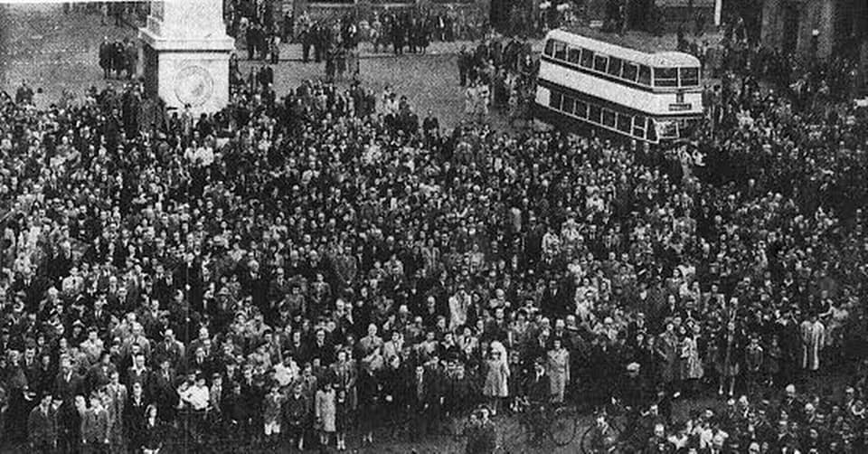 People in Southport celebrate VE Day on May 8, 1945. Crowds gather on Lord Street in Southport to await the King's Speech on VE Day 1945.