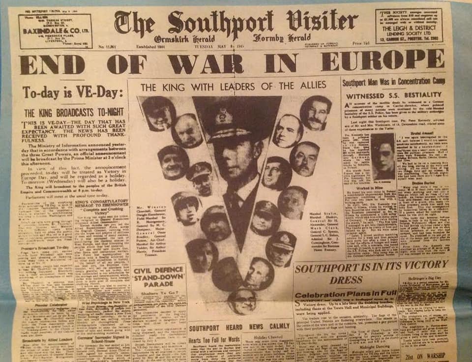 People in Southport celebrate VE Day on May 8, 1945. The Southport Visiter records the End Of The War in Europe on May 8, 1945.