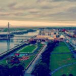 An aerial view of Southport, including the Marine Lake, King's Gardens, the Marine Way Bridge and Bliss Hotel.