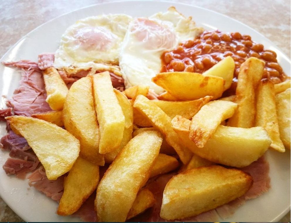 Home-made ham, two eggs, bakes beans and chips at Andy's snack bar in Southport. Photo by PadThaiPaul