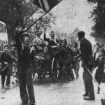 People in Southport celebrate VE Day on May 8, 1945. Servicemen gather to celebrate on Lord Street in Southport.