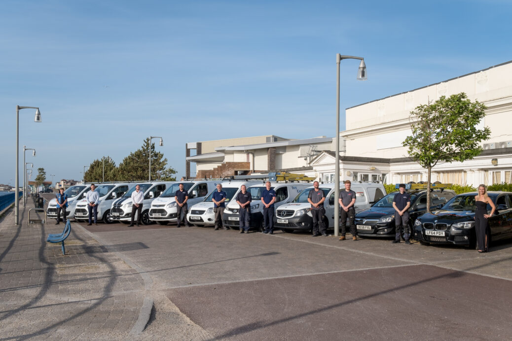 Ben Carter Electrical Contracting Ltd has teamed up with sister company ASG Integrated Systems Ltd to move into brand new premises in Southport. Staff and their fleet of vehicles are piuctured outside the Floral Hall in Southport. Photo by Dave Brown Photography