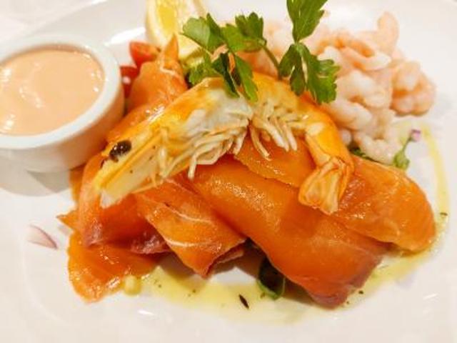 Smoked salmon and prawns on a bed of salad with a side pot of Marie Rose sauce at the Lansdowne Bistro in Southport 