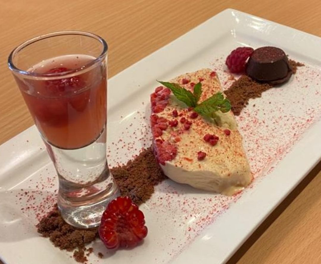Sweet Temptation of the Night: Assortment of Raspberry- Raspberry Iced Parfait, Raspberry Gin Shot- Raspberry Chocolate Cup at Left Bank Brasserie in Formby