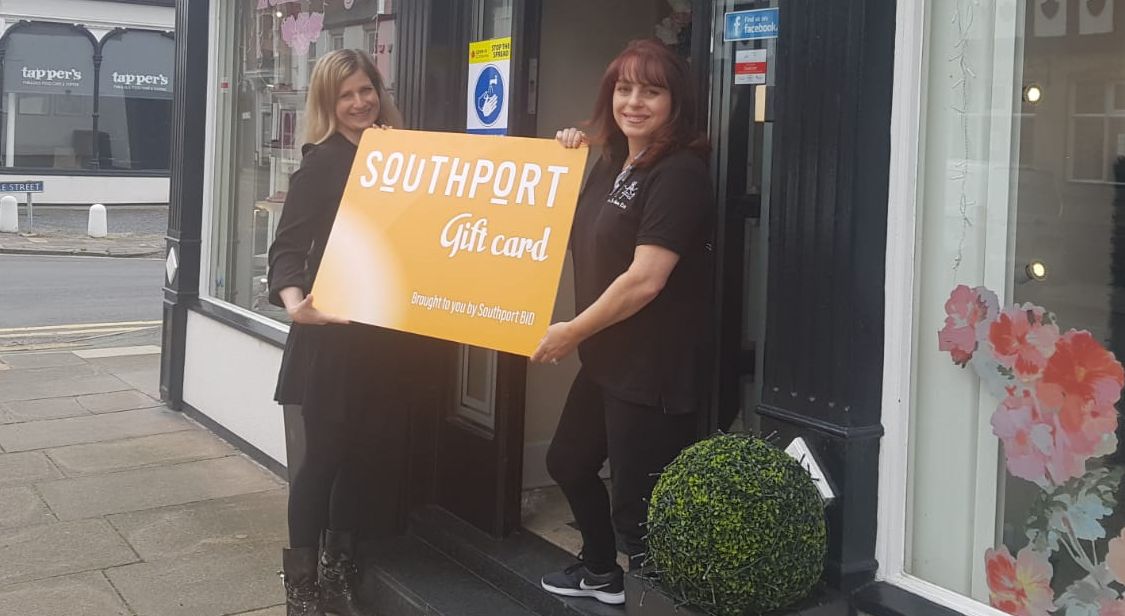 Southport BID CEO Rachel Fitzgerald (left) and Tina Bulmer, owner of Over The Moon Kids Boutique on Union Street in Southport, launch the new Southport Gift Card