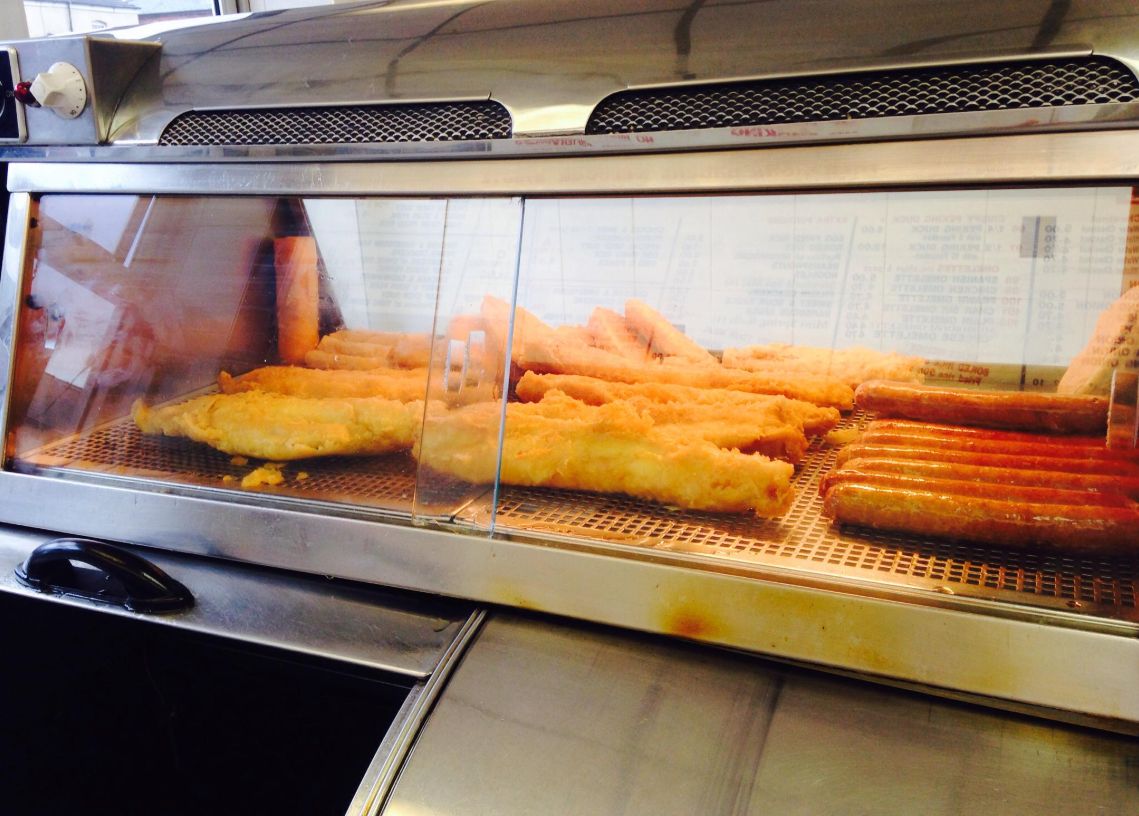 Fish and sausages at the Busy Bee chippy in Ainsdale