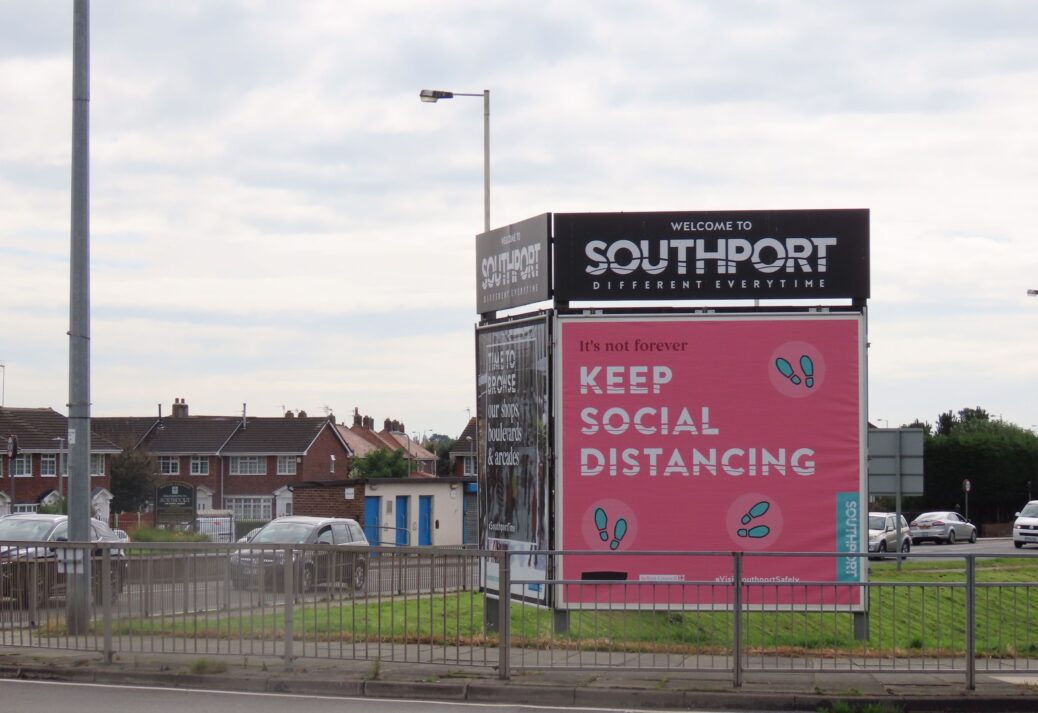 The social distancing sign board on Preston New Road in Crossens in Southport. Photo by Andrew Brown Media