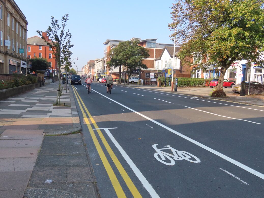 Work is taking place to create new pop up cycle lanes on roads including Hoghton Street and Queens Road in Southport. Photo by Andrew Brown Media