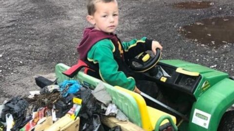 Boy, 4, who cleaned up his village with his battery powered Gator and little picker hailed a hero