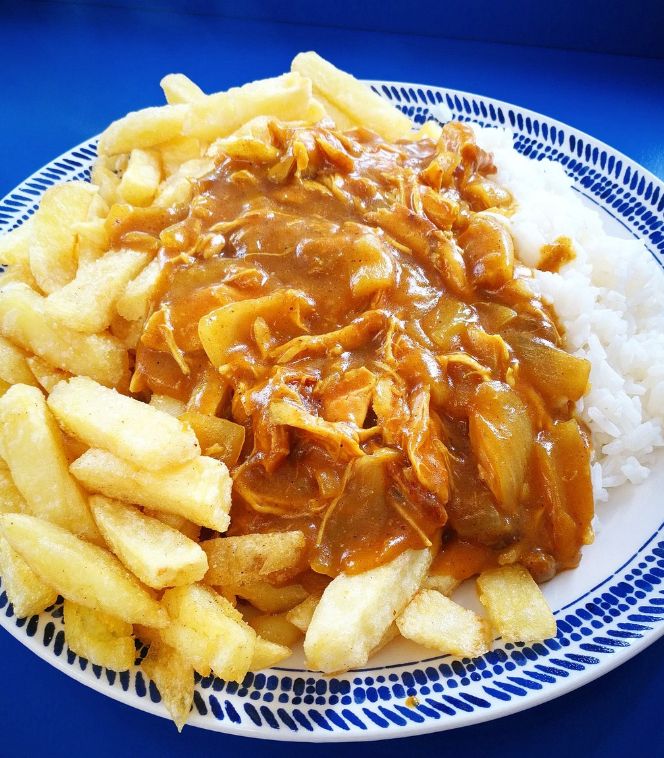 Chicken curry, rice and chips at The Fryery in Southport