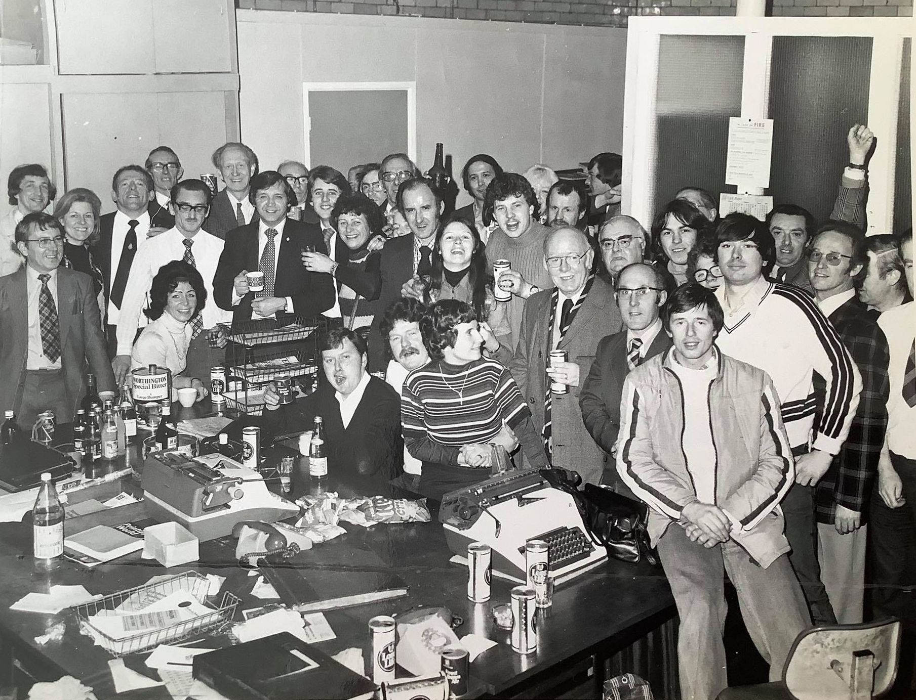 Southport Visiter staff celebrate the launch of the new free newspaper called Grapevine, which was later renamed the Midweek Visiter. Date unknown. Photo by Graham Bridge