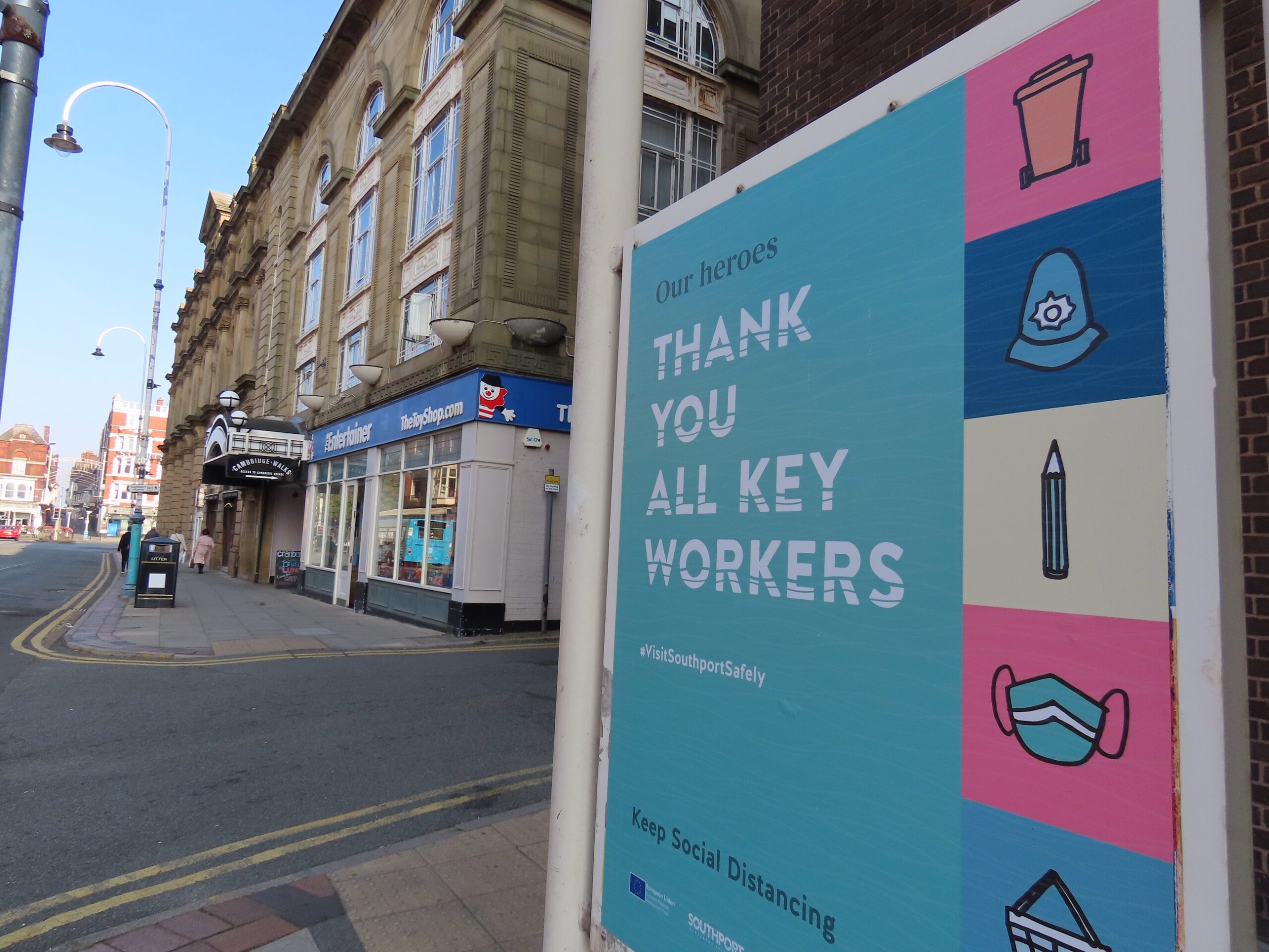 A Covid-19 / coronavirus safety sign on Eastbank Street in Southport. Photo by Andrew Brown Media