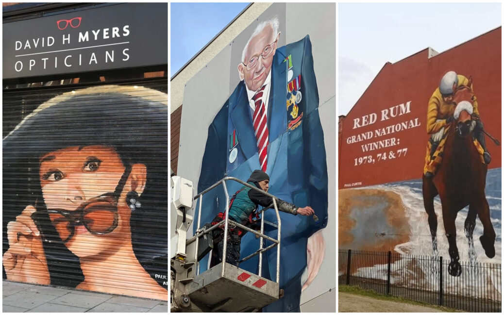 Street art in Southport: Audrey Hepburn outside David H Myers Opticians on London Street by Paul Curtis; Captain Sir Tom Moore by Rob Newbiggin outside Anthony James Estate Agents on Hoghton Street; and Red Rum by Paul Curtis on Scarisbrick Avenue, created as part of Sefton Borough of Culture