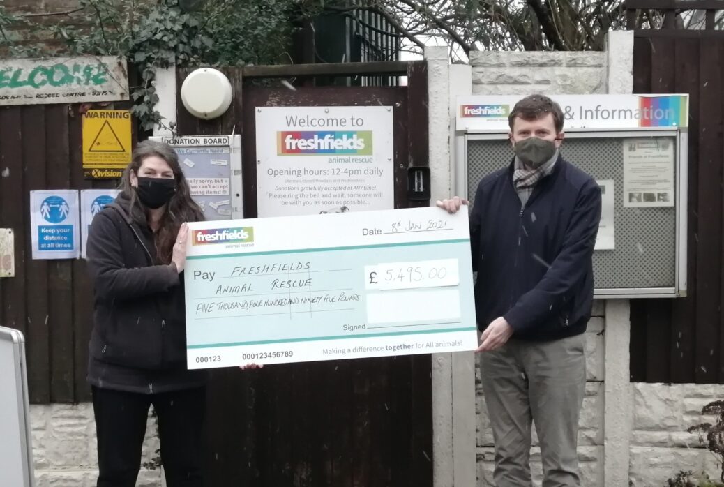 Local solicitor, Mike Prendergast of Dickinson Parker Hill Solicitors, has presented a cheque for £5,495 to Freshfields Animal Rescue following Charity Will Month