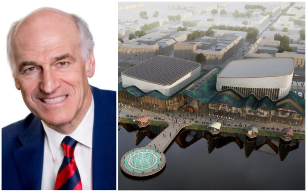 Southport Town Deal Chair Rob Fletcher (left), and an artist's impression of what the new Southport waterside events centre could look like
