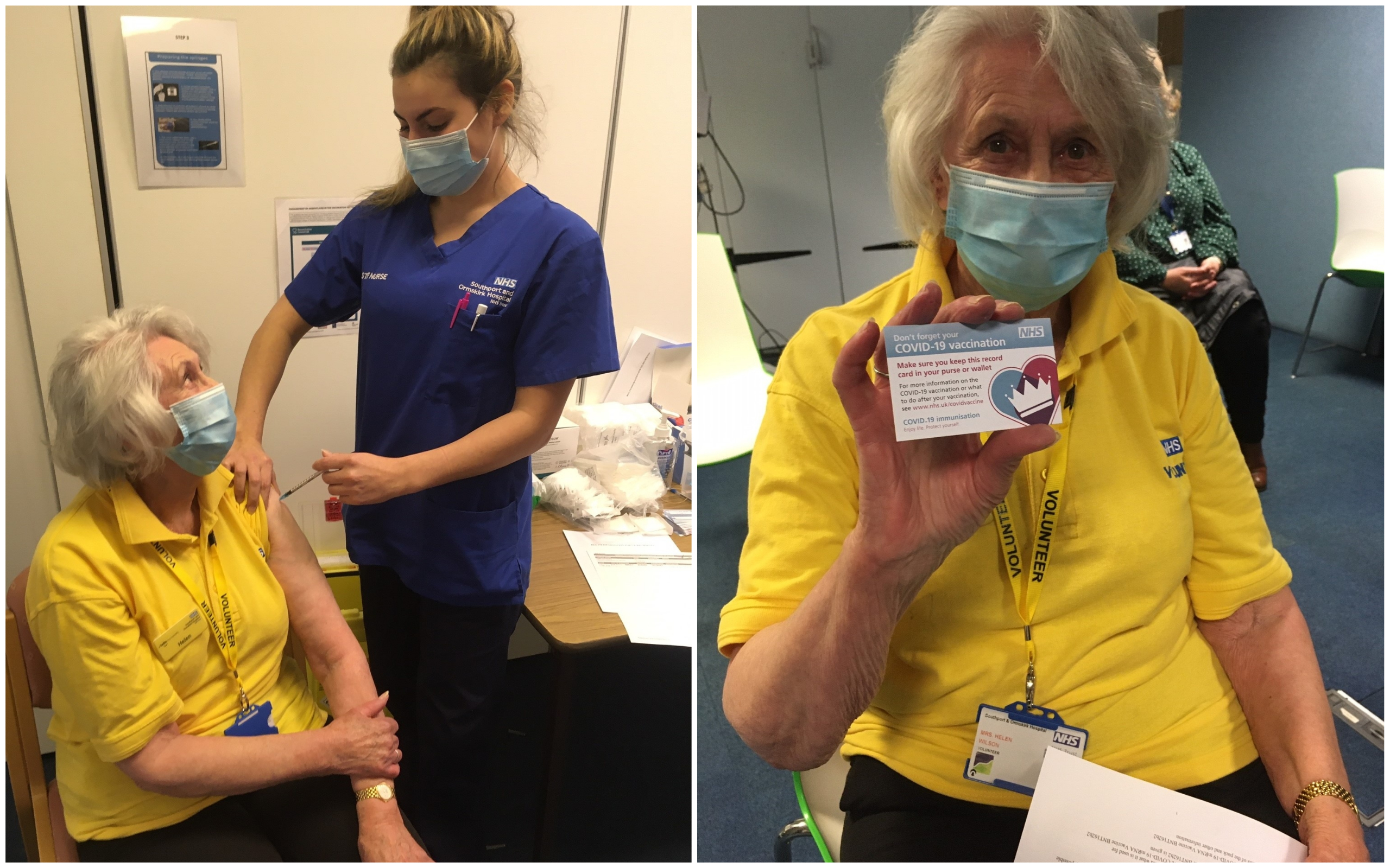 Volunteer Helen Wilson joined staff at Sourthport Hospital in receiving the Covid-19 vaccine from nurse Elenna Harden, one of the hospital's vaccinating team