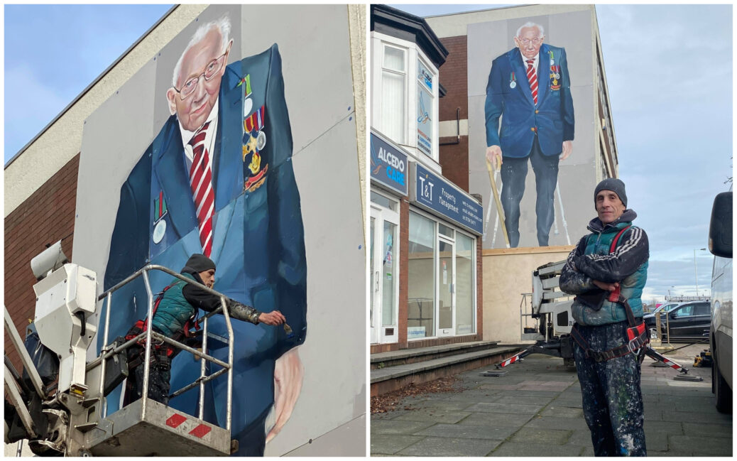 The mural of Captain Sir Tom Moore in Southport painted by artist Robert Newbiggin