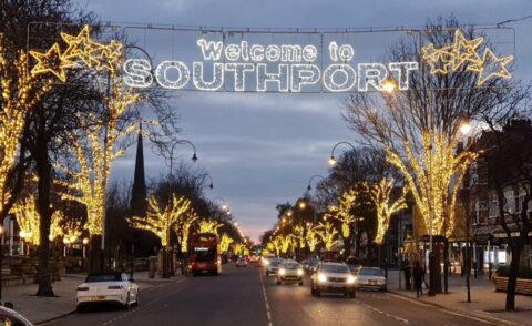Sparkling Lord Street lights in Southport highlighted by Granada Reports