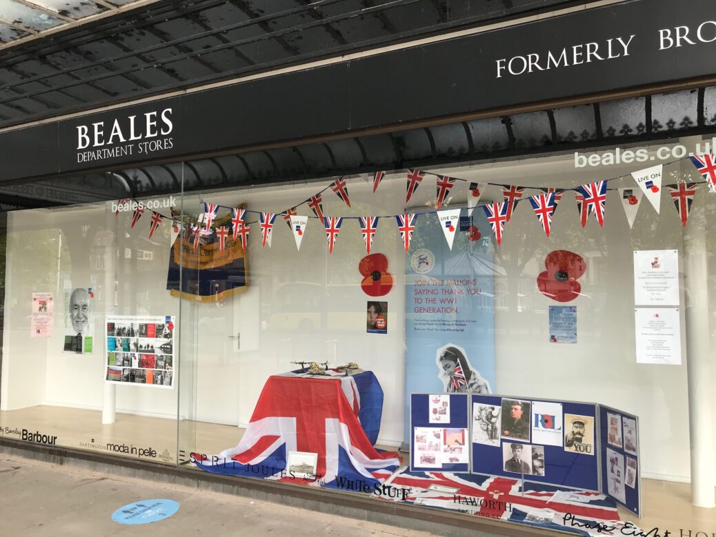 The Royal British Legion window display in the former Beales department store shop window on Lord Street in Southport