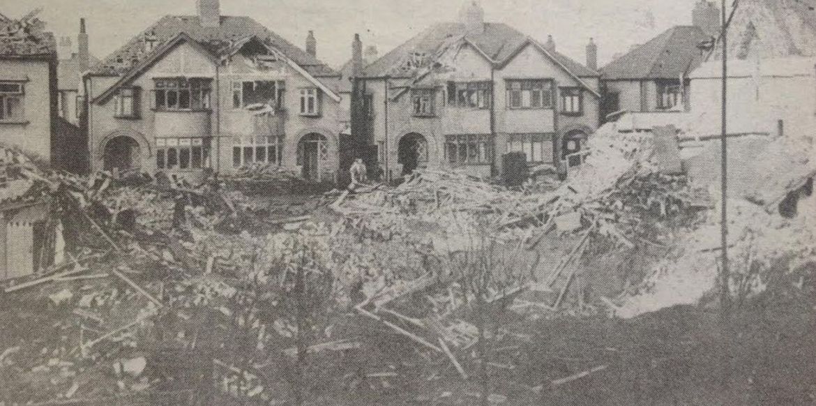 A huge bomb crated and damaged houses on Moorfield Road in Crosby in March 1941, during World War Two