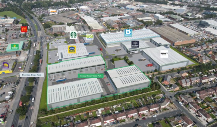 An aerial view of the Mersey Reach trade park in Netherton