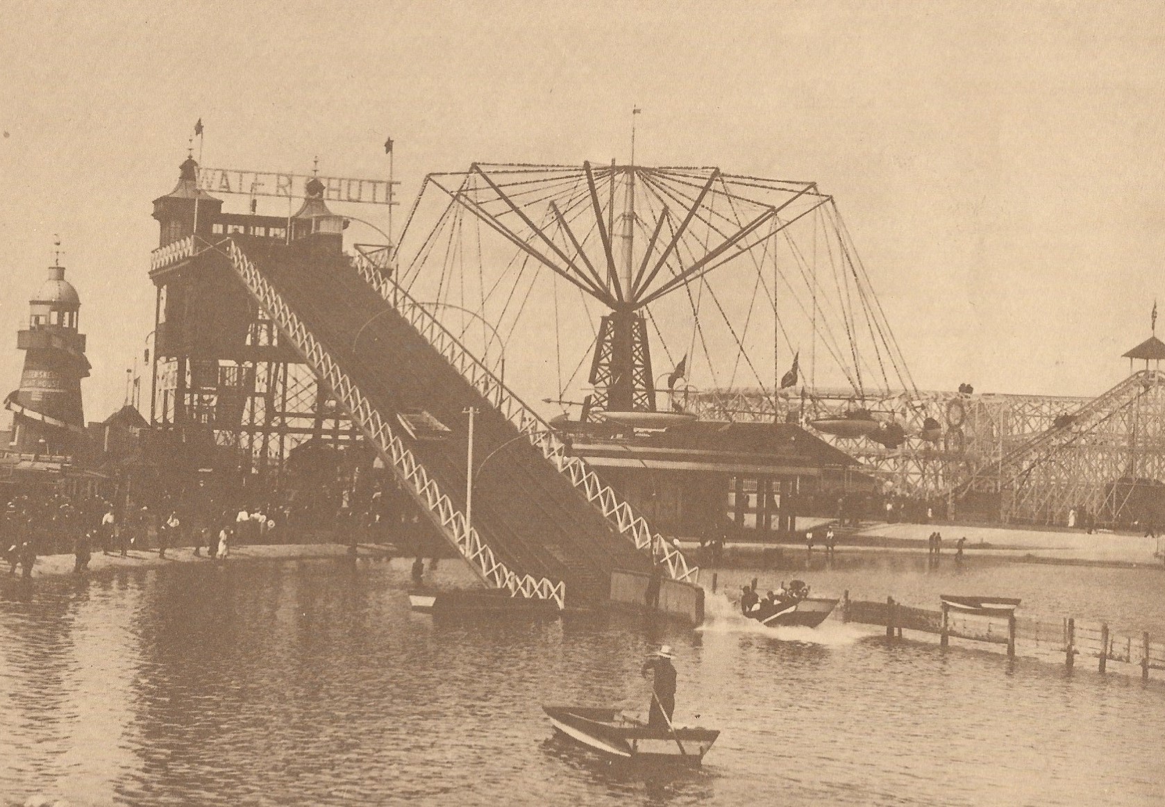 The old Southport fairground was sited around the south end of Marine Lake before it was moved to Pleasureland in 1922. This picture shows the Water Chute, built in 1903, and the Flying Machine, built in 1906, before Kings Gardens were opened in 1913. Today, thousands of visitors enjoy their days out at Southport Pleasureland every year.