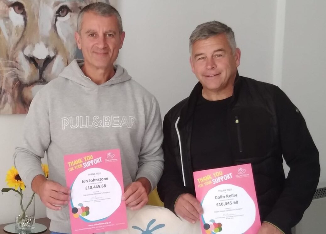 Jonny Johnstone and Colin Reilly have been thanked for raising £10,000 for Claire House childrens hospice by running up and down sandhills in Southport 500 times
