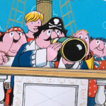 Captain Pugwash animation for BBC TV. Left to right: the Mate, Tom the Cabin Boy, Captain Pugwash, Pirates Barnabus and Willy. Copyright Estate of John Ryan.