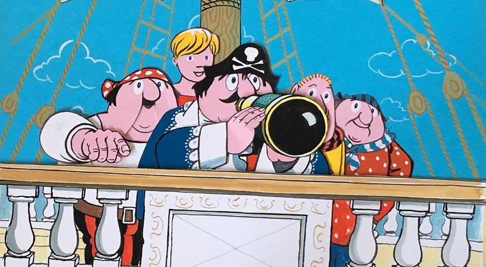 Captain Pugwash animation for BBC TV. Left to right: the Mate, Tom the Cabin Boy, Captain Pugwash, Pirates Barnabus and Willy. Copyright Estate of John Ryan.