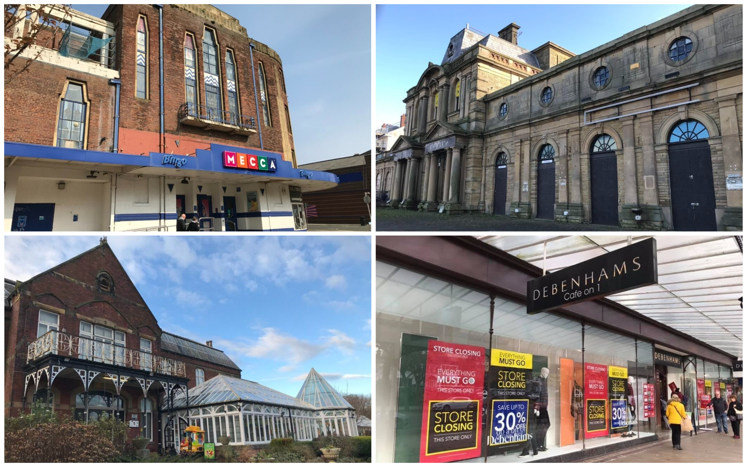 Landmark buildings in Southport: Garrick Theatre; Victoria Building; Botanic Gardens Museum; and Debenhams