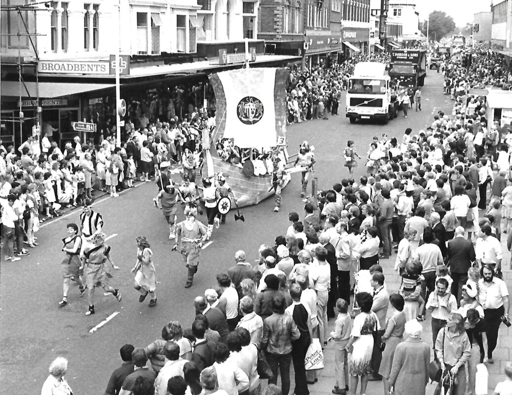 A Viking parade makes its way down Chapel Street in Southport in July 1983