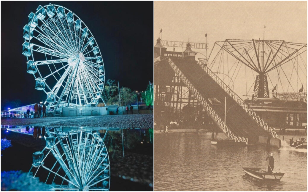 The new observation wheel being proposed for Southport; and the water chute and flying machine from the early 1900s