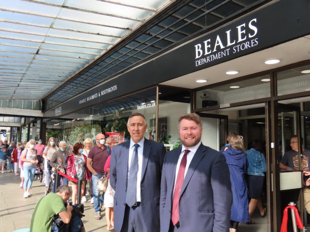 Beales CEO Tony Brown (left) and Southport MP Damien Moore (right) at the officiall opening of the new Beales department store in Southport on Thursday, 12th August. Photo by Andrew Brown Media