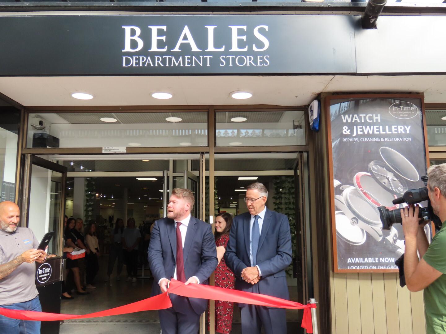 Beales CEO Tony Brown (right) and Southport MP Damien Moore (left) at the officiall opening of the new Beales department store in Southport on Thursday, 12th August. Photo by Andrew Brown Media