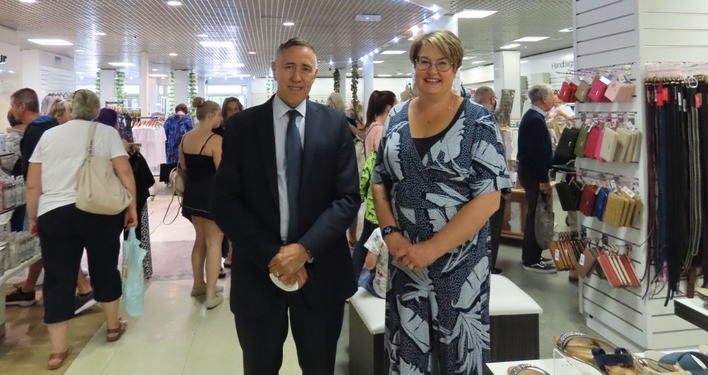 Tony Brown, CEO of Beales (left) and Susannah Porter, owner of Remedy and Chair of Southport BID, right, at Beales department store on Lord Street in Southport. Photo of Andrew Brown Media