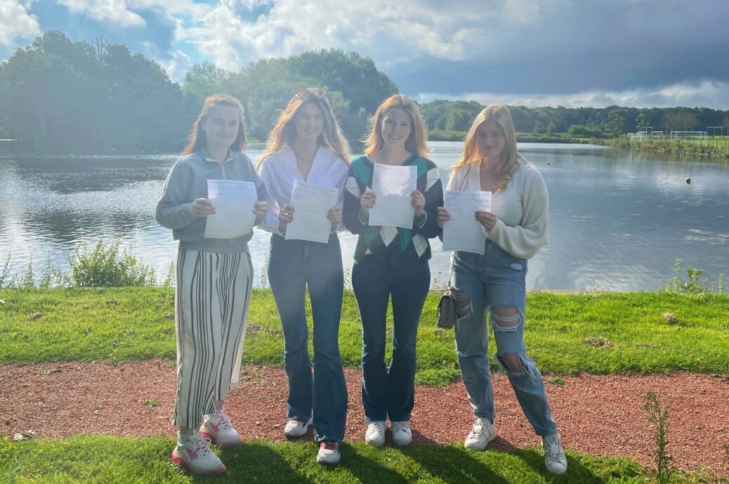 Amelia Sharples, Amelia Collict, Molly O'Donoghue & Cerys Catterall celebrate their A Levels at Scarisbrick Hall School near Southport