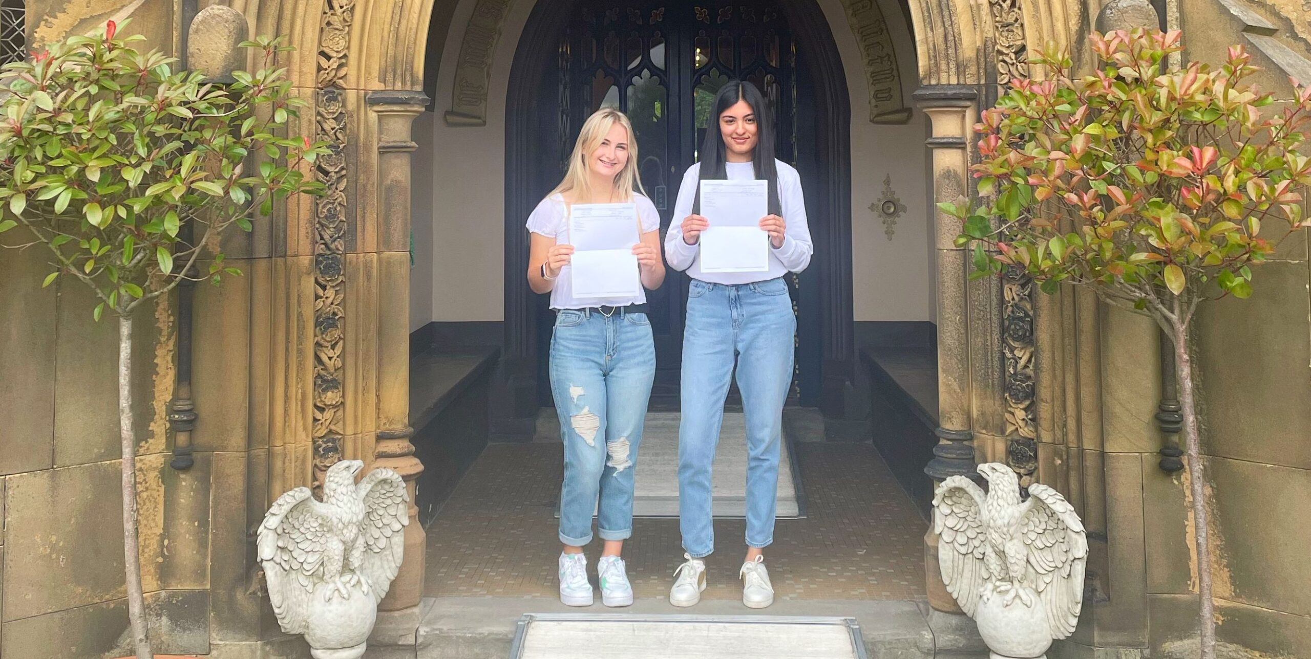 Rebecca Houghton and Diva Anand celebrate their A Levels at Scarisbrick Hall School near Southport