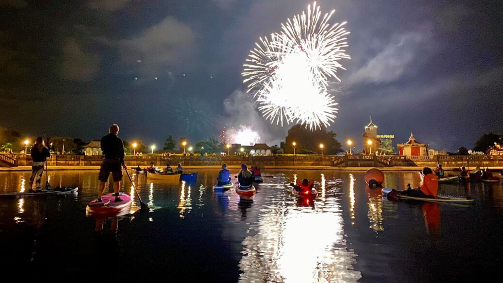 Paddle boarders from SUP North enjoy The British Musical Fireworks Championship from the Marine Lake in Southport. Photo by Alan Taylor
