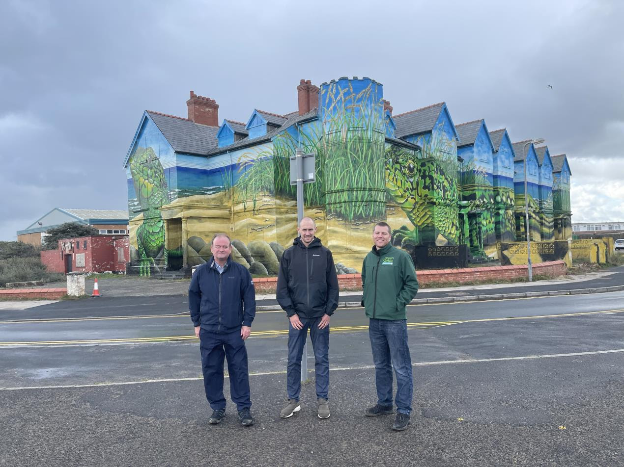 Cllr Ian Moncur, Paul Curtis and Green Sefton's Development Officer Andy Cutts at the mural at Toad Hall in Ainsdale in Southport