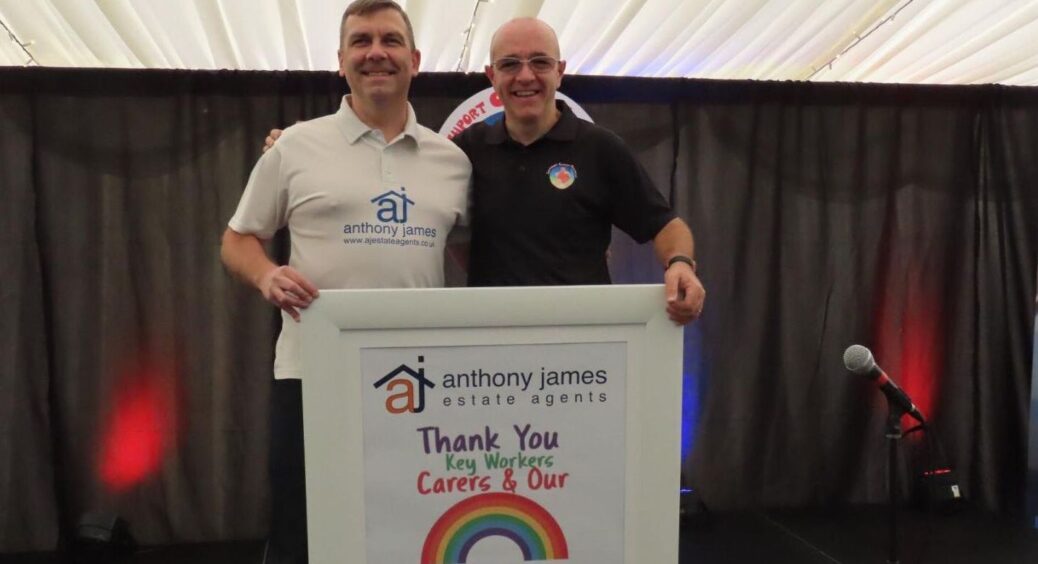 Anthony James Estate Agents is hosting a free Thumbs Up For The NHS Comedy Bingo night at Southport Comedy Festival to thank NHS and care staff for the incredible job they have done during the Covid pandemic. Pictured are Anthony Estate Agents Director Mark Cunningham (left) and Festival Director Brendan Riley (right). Photo by Andrew Brown Media