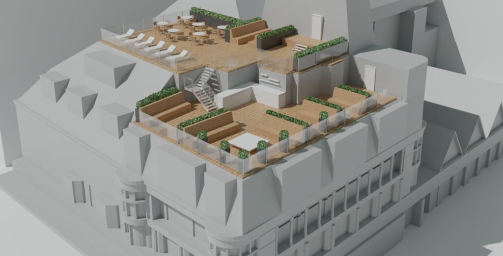An artist's impression of the proposed roof terrace in the Prestige Stay development in the former BHS site at 17-23 Chapel Street in Southport town centre by WD Architects
