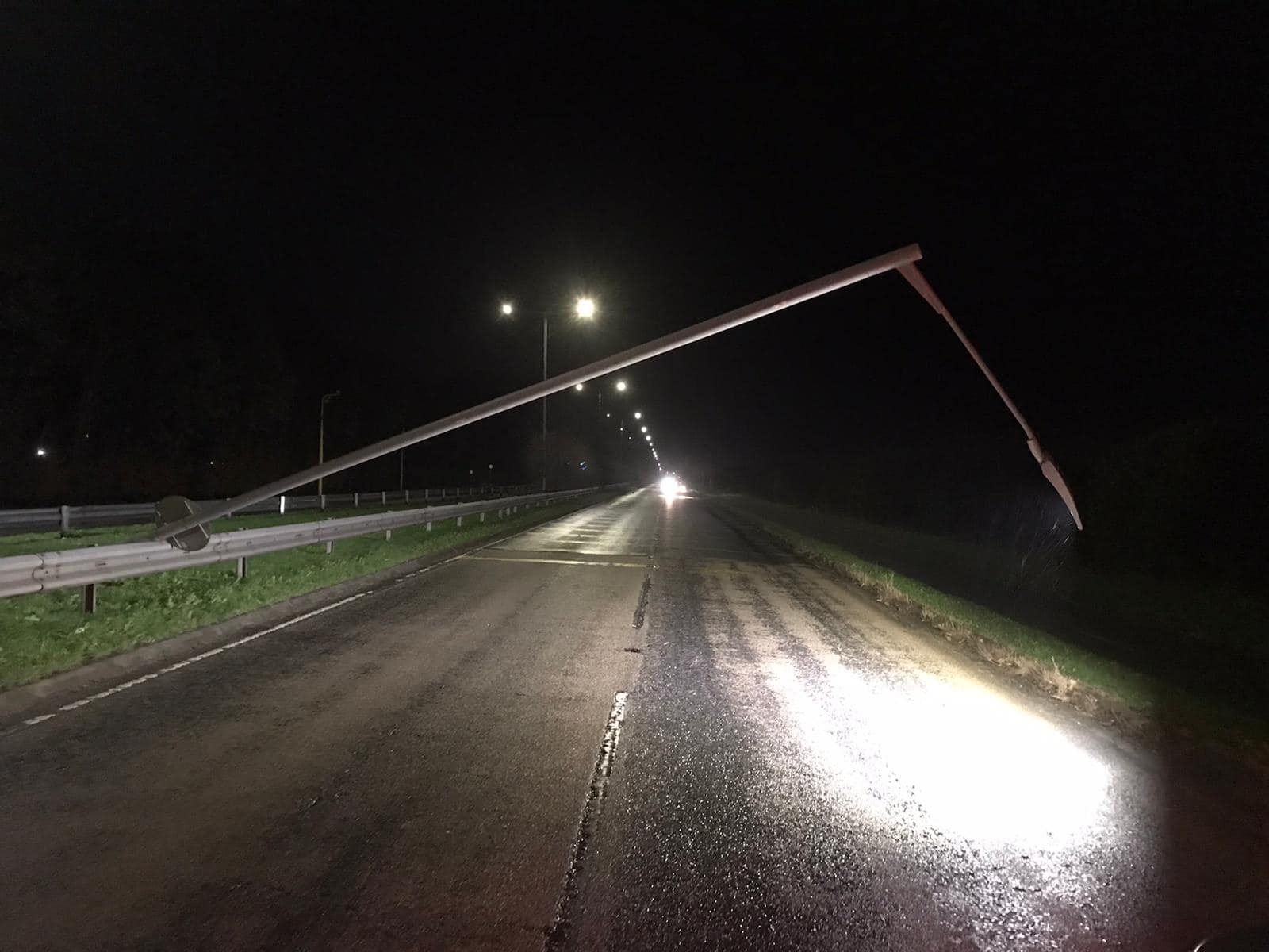 A lamp post has fallen on Tarleton Bypass, near Banks roundabout. Photo by Tom Hamer