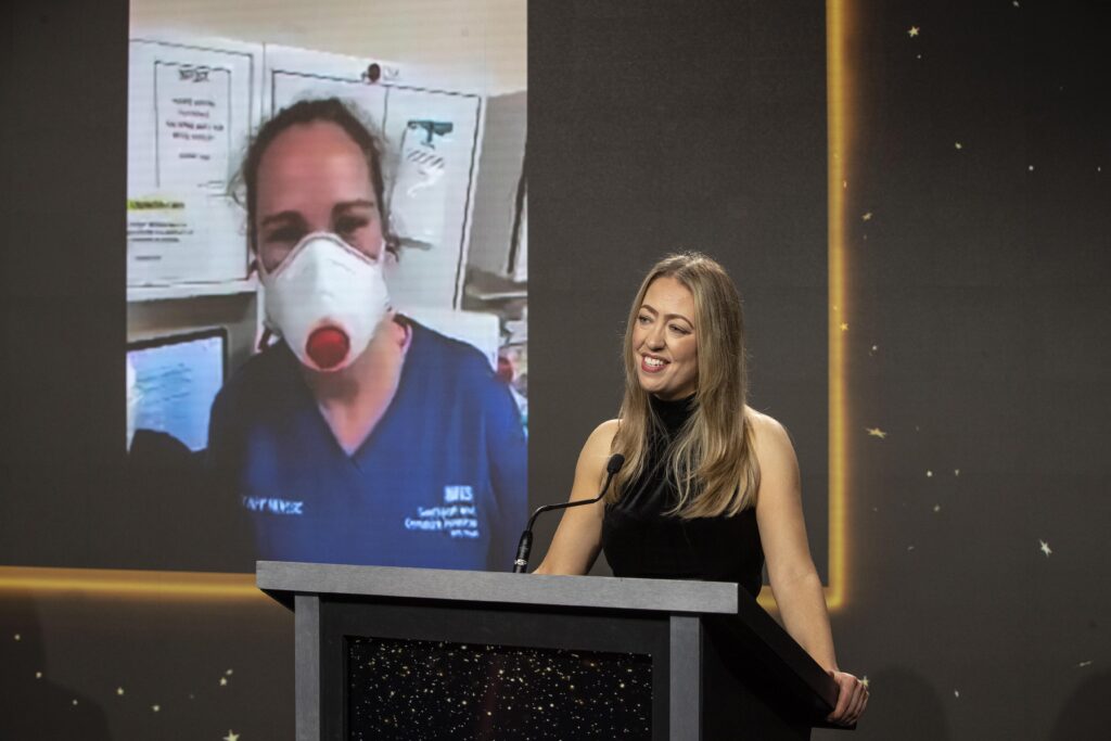 NHS Time to Shine Awards evening at MSP Global. Jennifer Wilson with host Rachelle Alty. Picture Jason Roberts