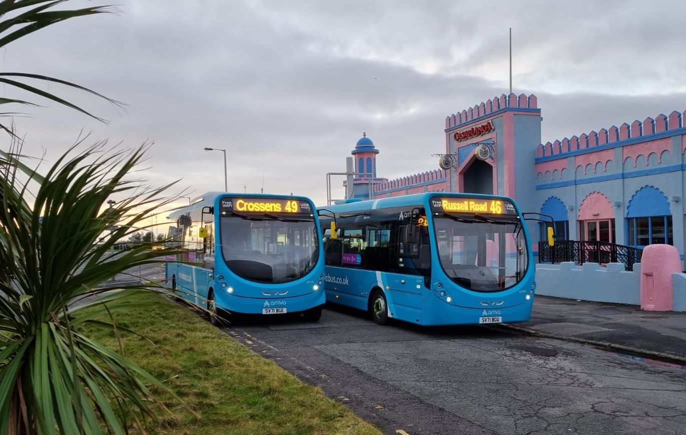 Arriva buses outside Southport Pleasureland in Southport