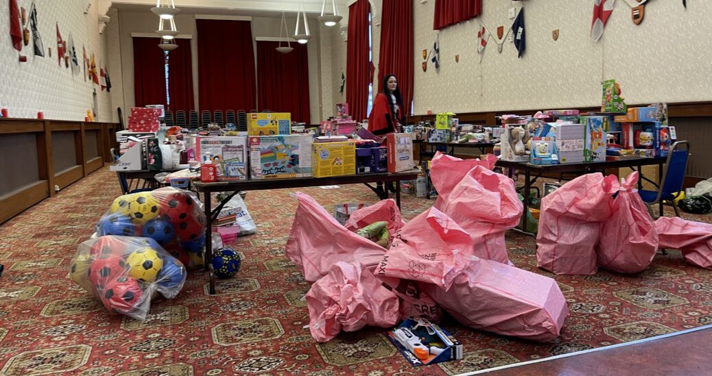 Just a small fraction of the donations gathered at Bootle Town Hall for the Mayor of Sefton's Toy Appeal, wioth Mayor Cllr Clare Carragher