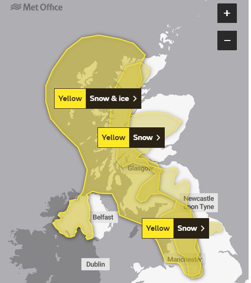 A Met Office yellow warning for snow and ice for 6th January 2022