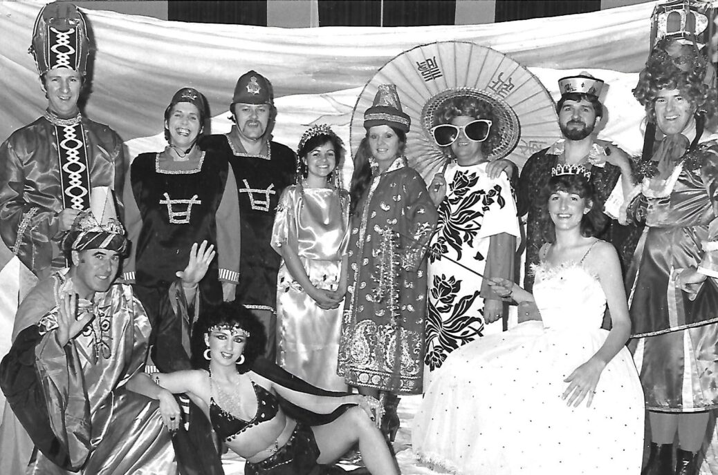 Ronnie Fearn (right) plays the part of the panto dame in the All Souls Dramatic Club Aladdin panto in Southport in December 1983